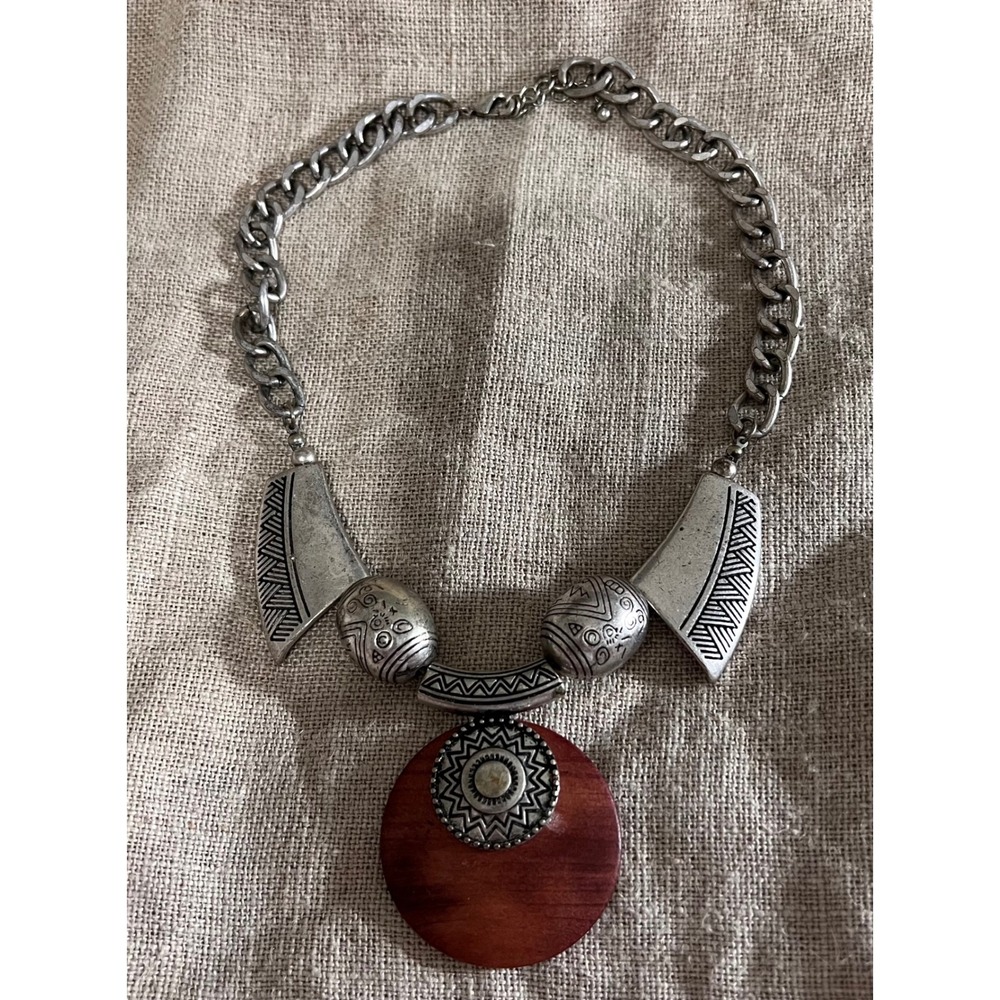 Boho Tribal Statement Necklace Silver Tone Etched Metal Wood Disc Pendant Bib